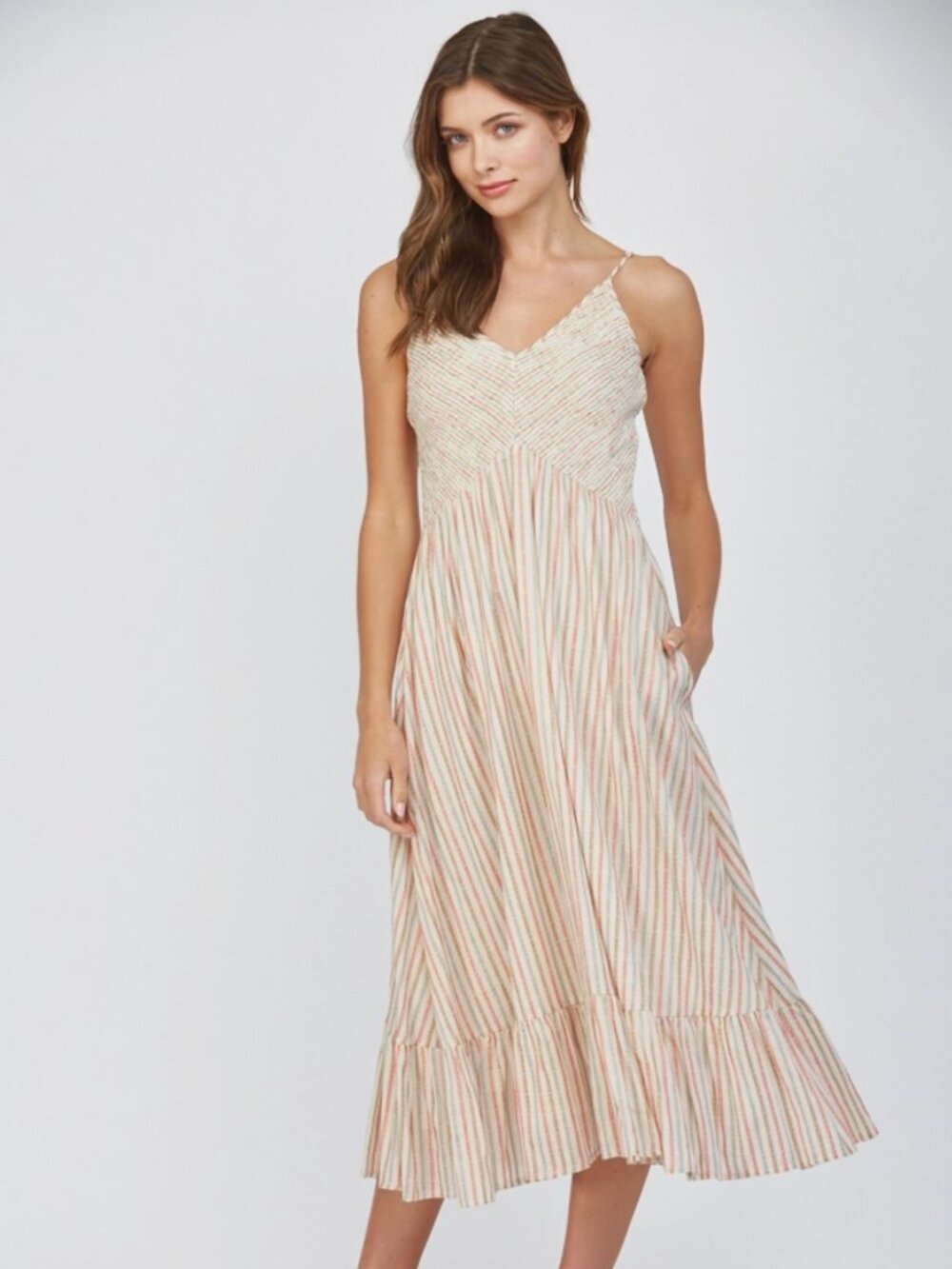 Stripe Smocked Bodice V-Neck Dress